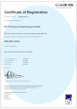 RC Precision Engineering Ltd is an ISO 9001:2015 Certified Company, Certificate No. UK/QMS1001031